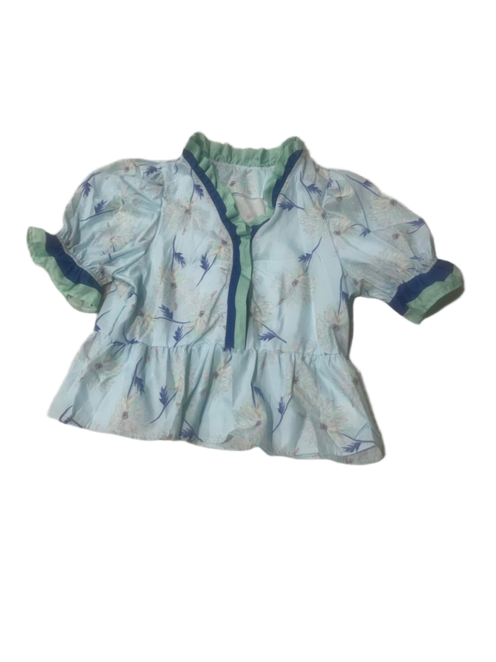 Light Blue Floral Peplum Top with Green and blue Trim - Picture 3 of 8